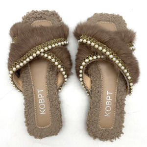 KOBPT Brown Rabbit Fur & Faux Shearling Slip On Pearl Trim Sandals Size 7.5M